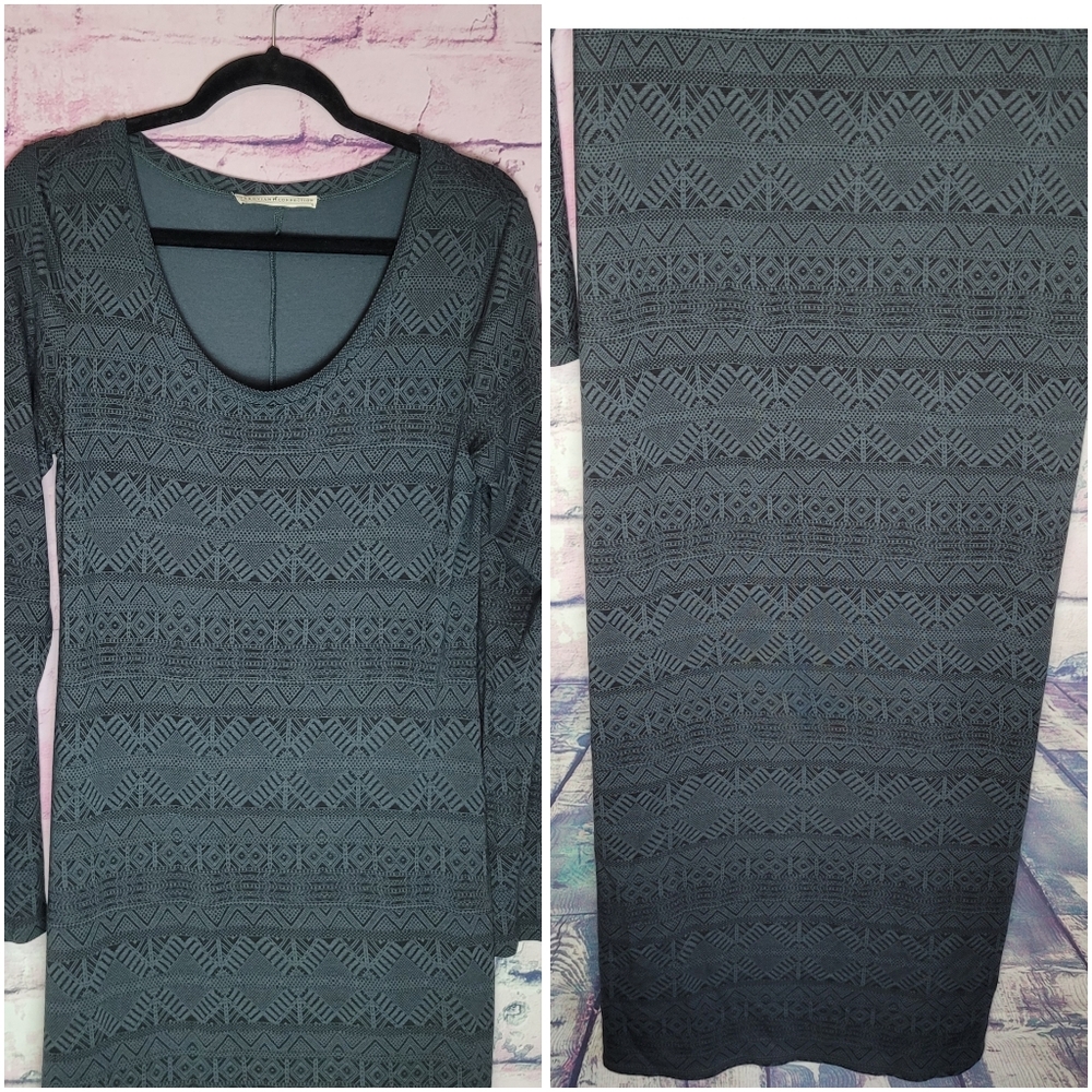 PERUVIAN CONNECTION BLUE TONED GRAY AZTEC GEOMETRIC PRINT PIMA COTTON MODAL MAXI